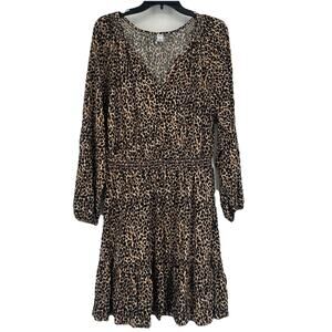 Old Navy Leopard Print Tiered Dress Long Balloon Sleeves Defined Waist Size L